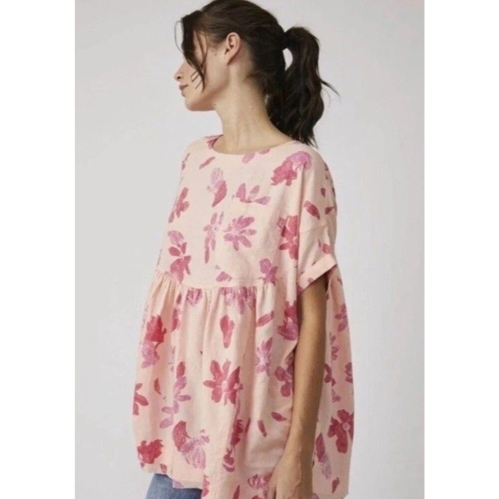 We The Free Moon City Floral Linen Top Peach Pink Ruffle Hem Boho Oversized SZ S